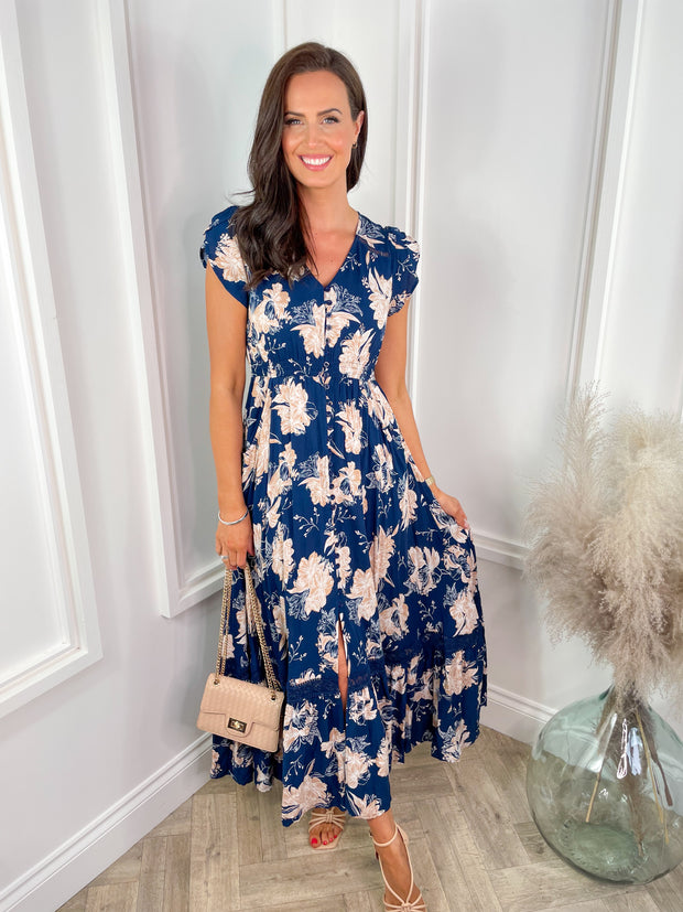 Annabelle Dress - Beige/ Navy Floral