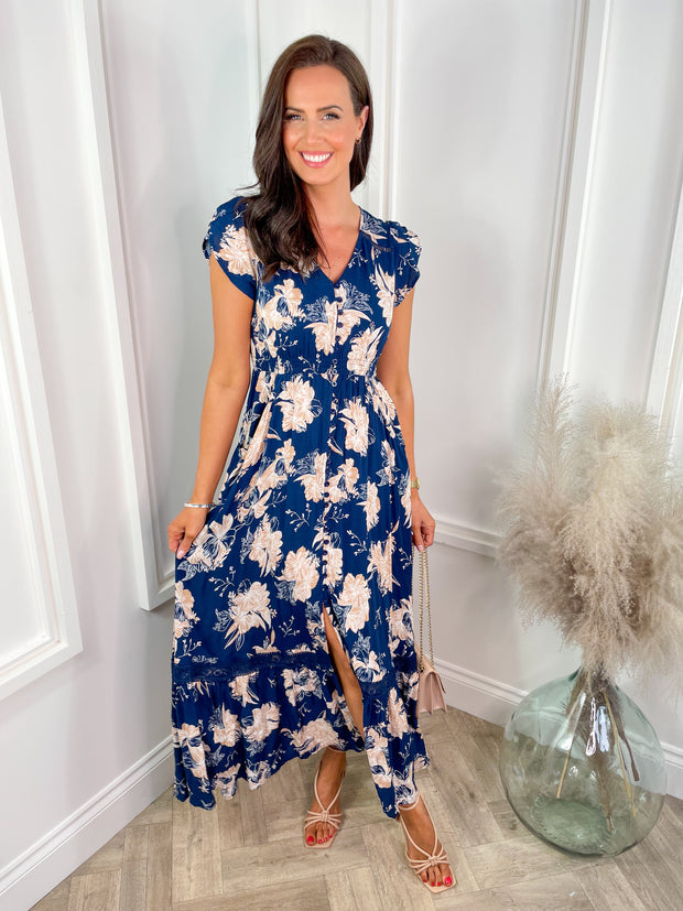 Annabelle Dress - Beige/ Navy Floral