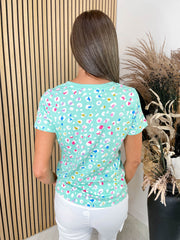 Khloe V-Neck T-Shirt - Mint Green Rainbow Leopard